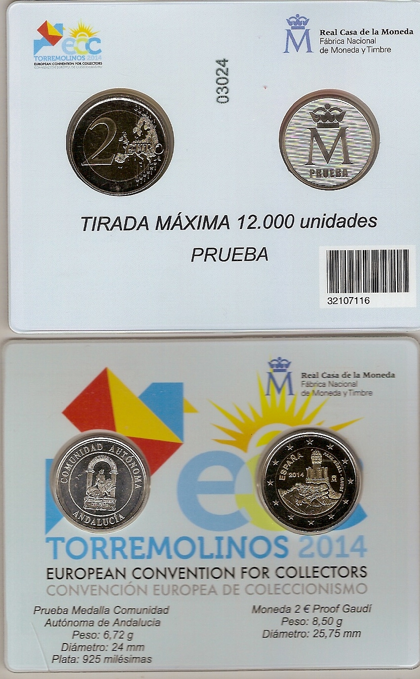 ESPAÑA 2014-MONEDA 2€ PROOF GAUDI Y PRUEBA MEDALLA ANDALUCIA